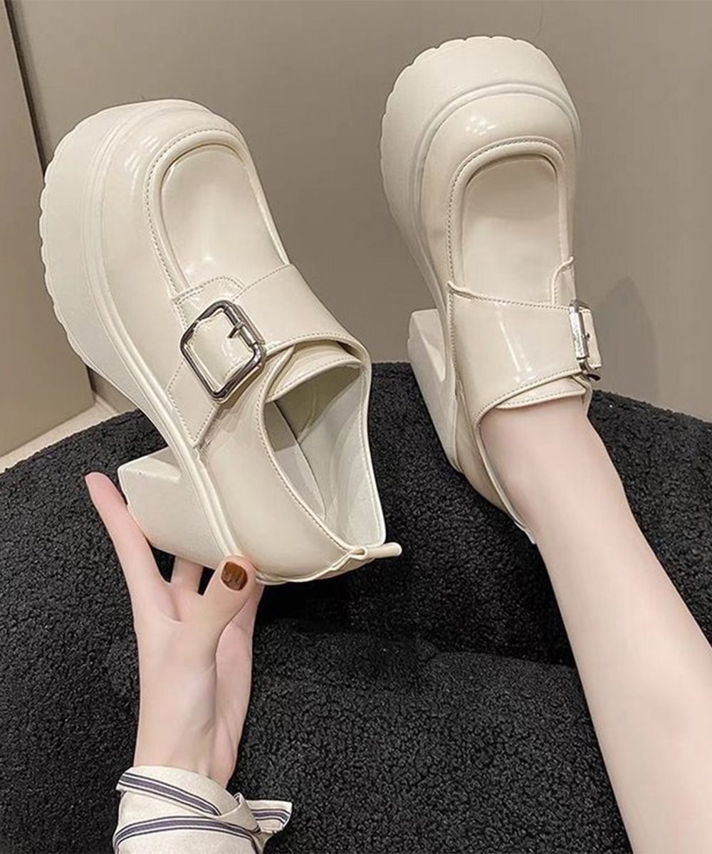 厚底ローファー レディース 太ヒール ベルト付き