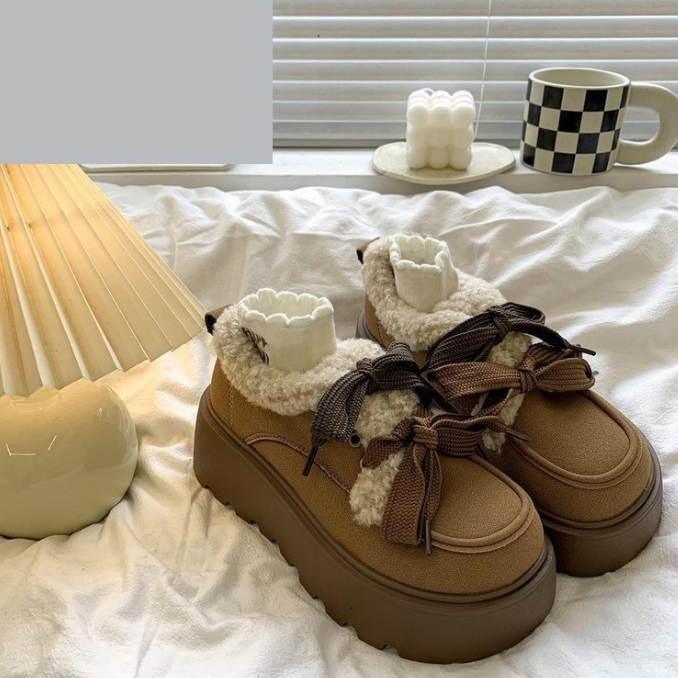 厚底ムートン調ブーツ レディース裏起毛防寒ショートブーツ