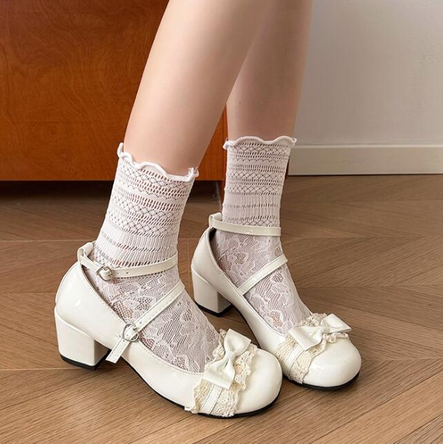 厚底パンプス 姫系リボン付き 甘美系靴