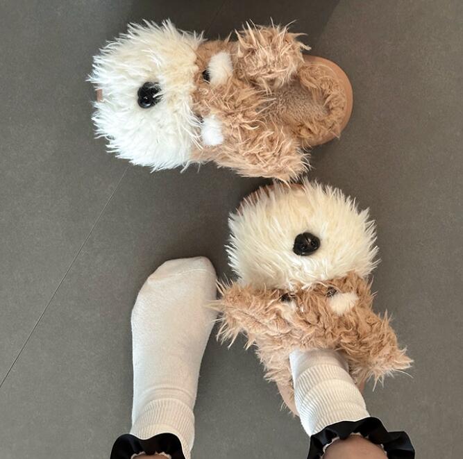 【ふわふわ暖か】犬モチーフ厚底ルームシューズ（4cm・もこもこファー・室内履き）