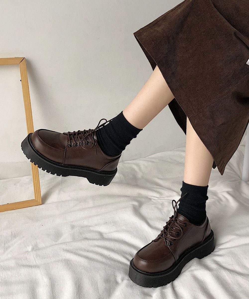 厚底編み上げローファー レディース美脚靴