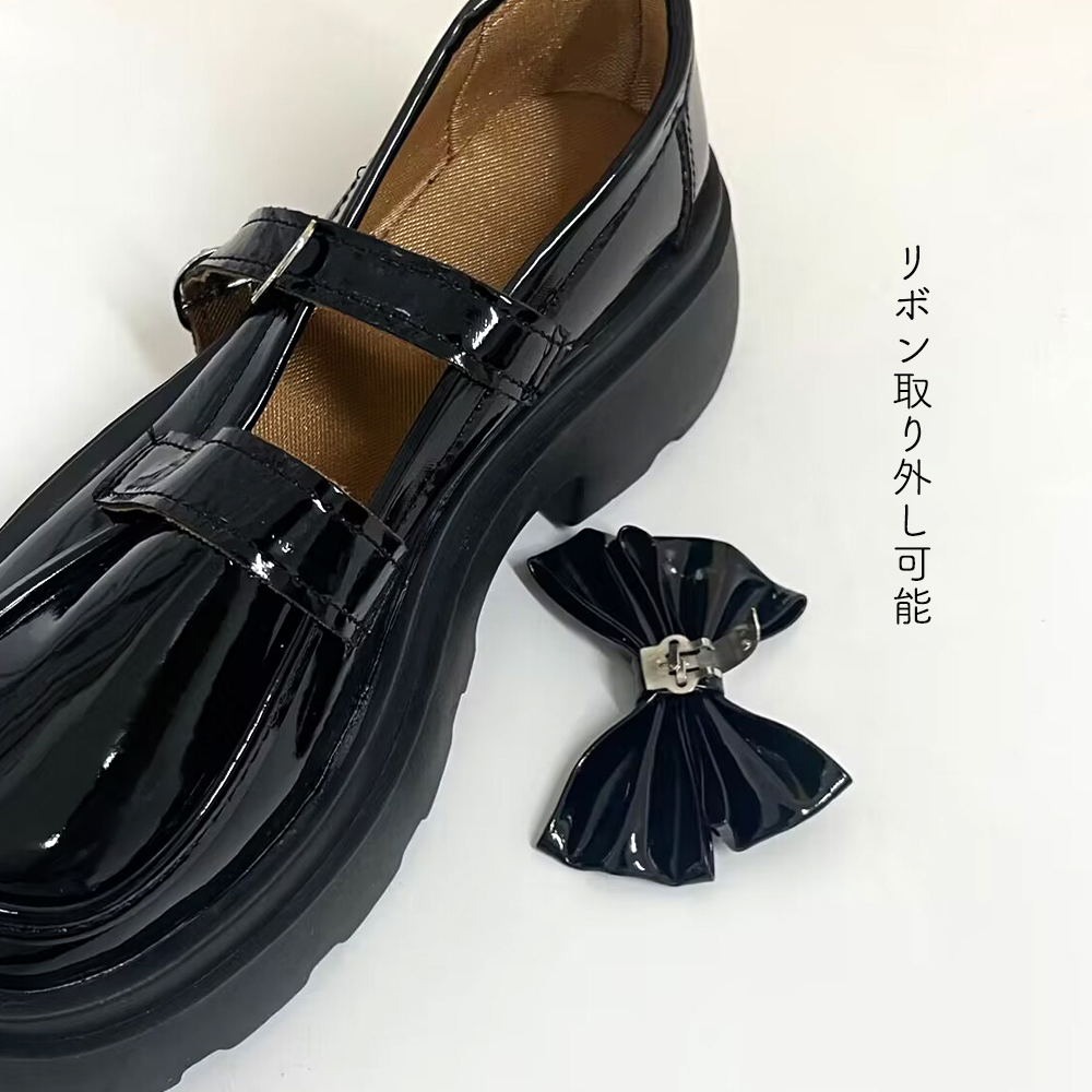 厚底ローファー レディース 取り外し可能リボン付き