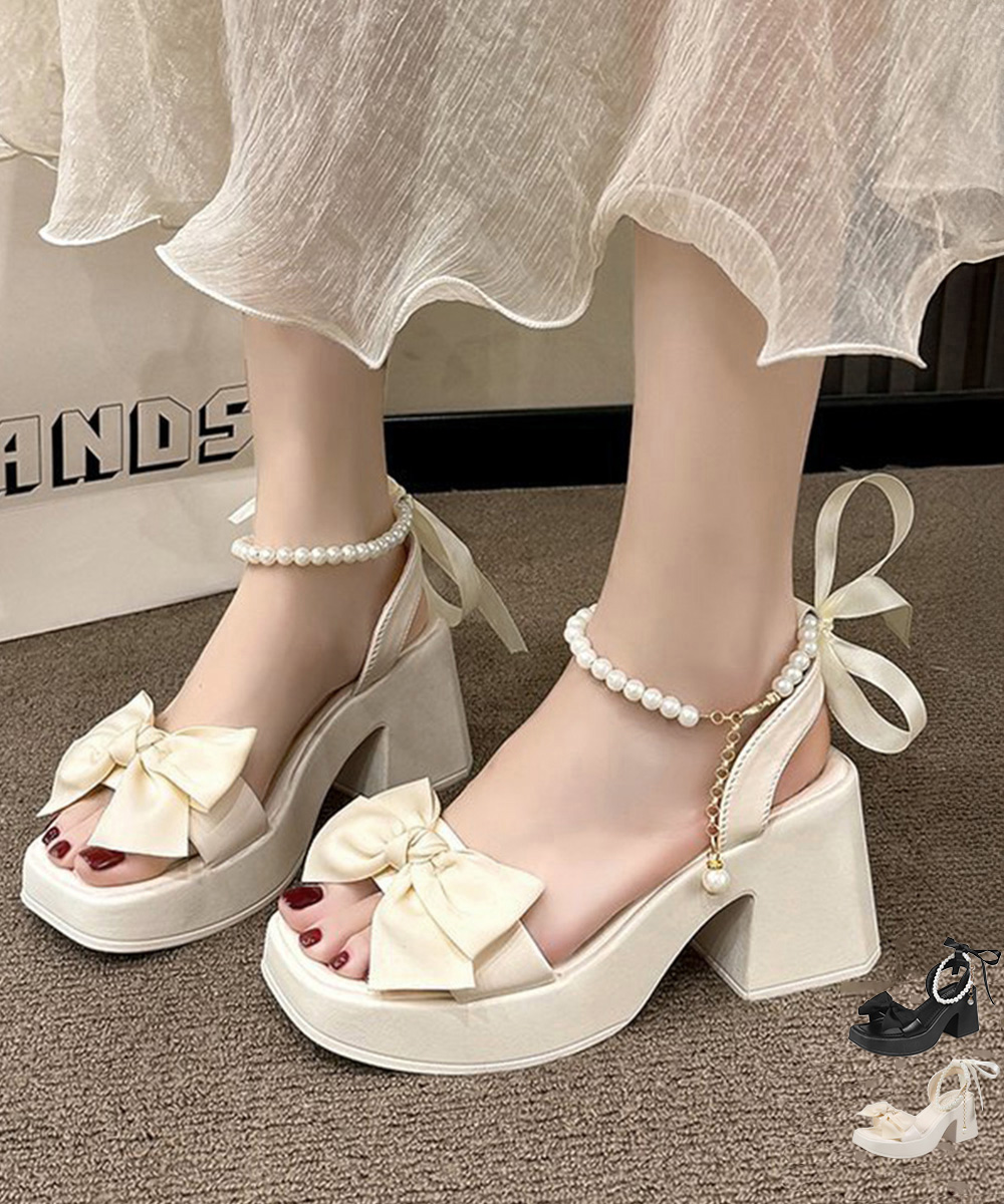 +7.8cm厚底【美脚×華やか×上品】リボン×パールストラップ サンダル