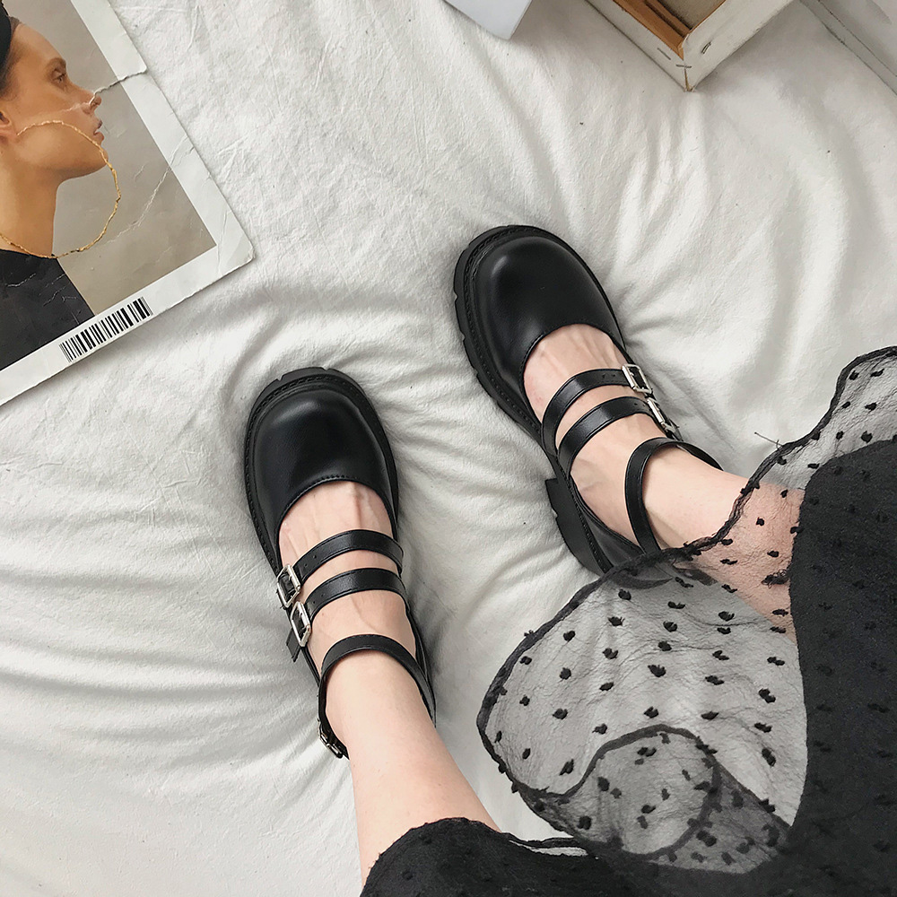 黒厚底ローファー三本帯丸い頭パンプス女性靴