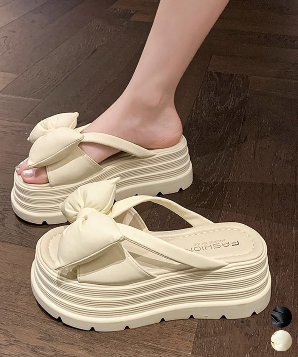 +7cm厚底【美脚×華やか×安定感】大きめリボン サンダル