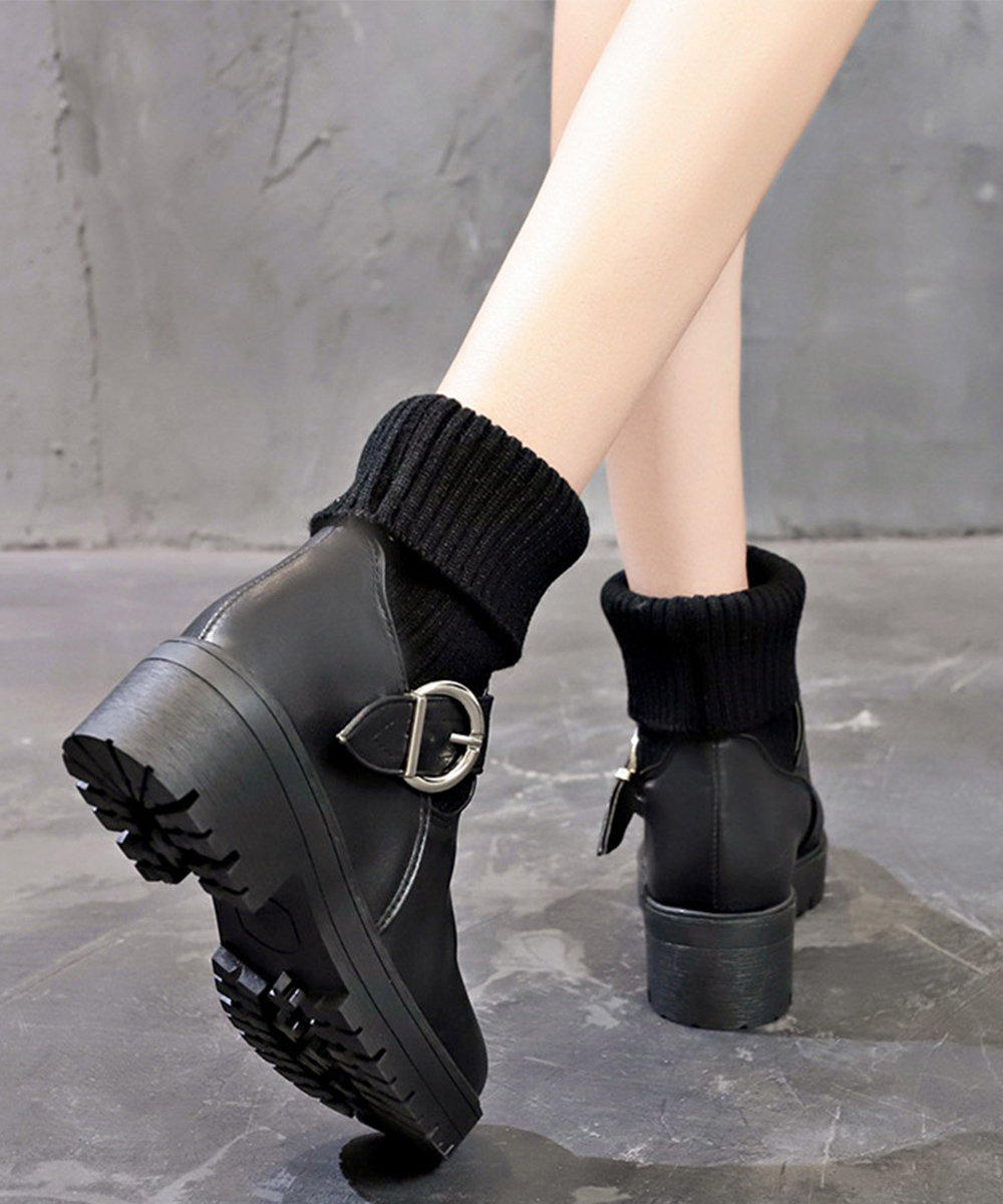【靴下風ニット切り替え×暖かフィット×韓国系】5.0cm厚底ショートブーツ