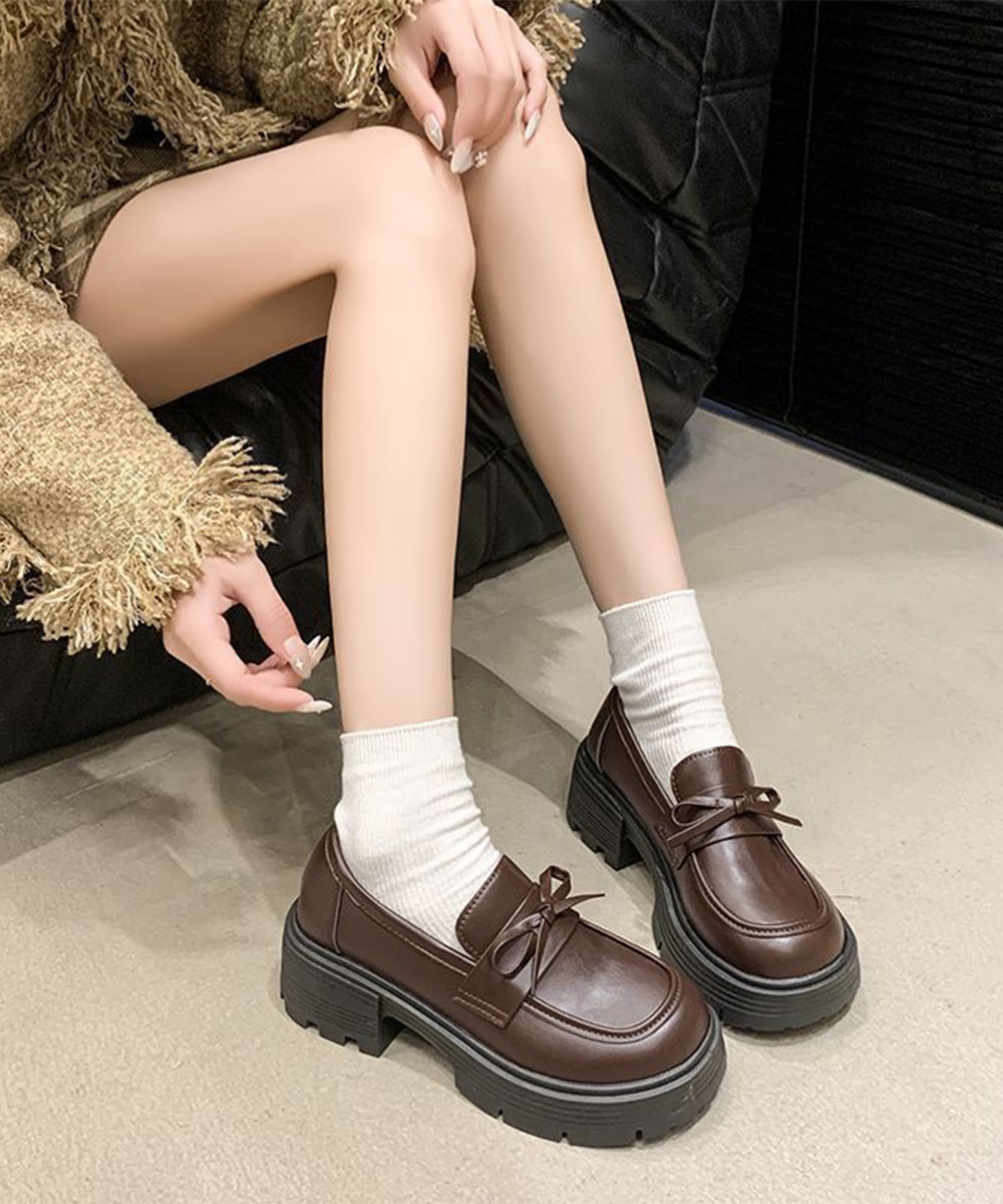 【脚長シルエット】リボン厚底ローファー（4.5cm・学院風・ボリュームソール・黒/ブラウン）
