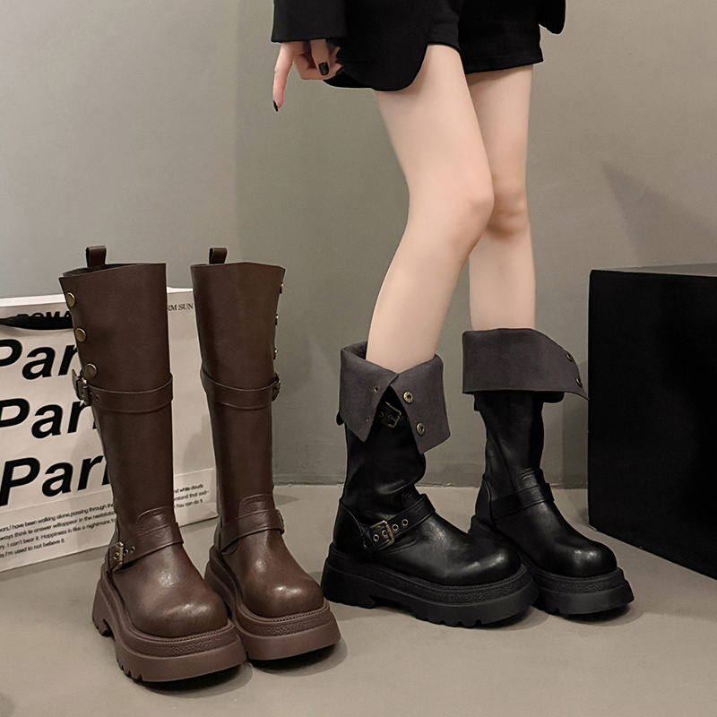 厚底ライダーロングブーツ｜二重ベルト×重厚ソール×韓国モード