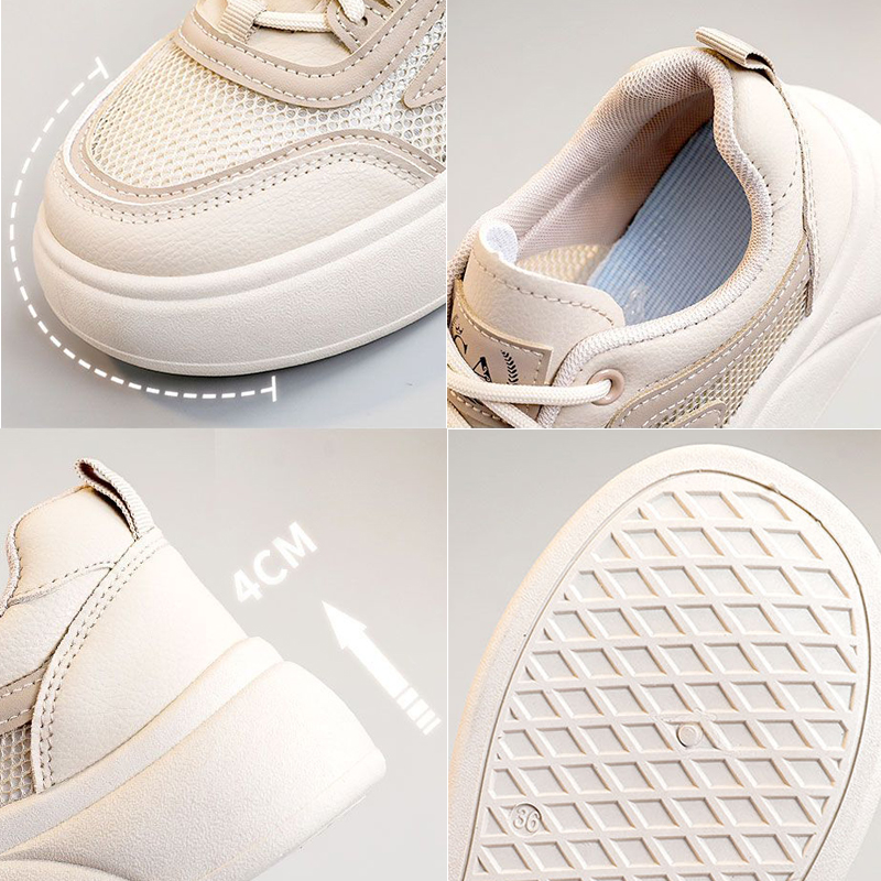 厚底スニーカー 通気性抜群 軽量メッシュ 白色紐靴