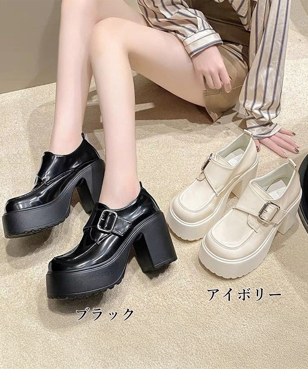 厚底ローファー レディース 太ヒール ベルト付き