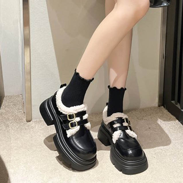 裏ボア厚底ローファー二連ストラップ美脚効果レディース靴