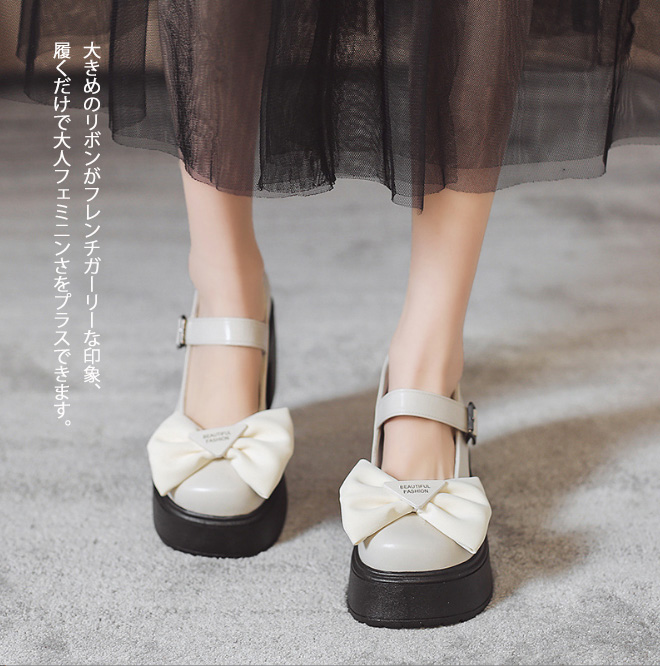 リボン付き厚底パンプス 太めヒール 美脚効果 可愛い女性靴