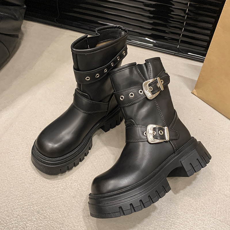 厚底ダブルベルト裏起毛ミドルブーツ黒レディース