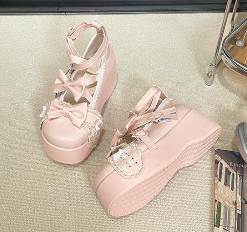 厚底パンプス リボン付き姫系 合皮製 可愛い靴