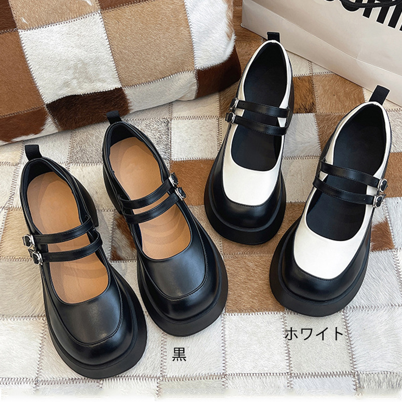 厚底パンプス ストラップ付き 6センチヒール 美脚効果 黒白