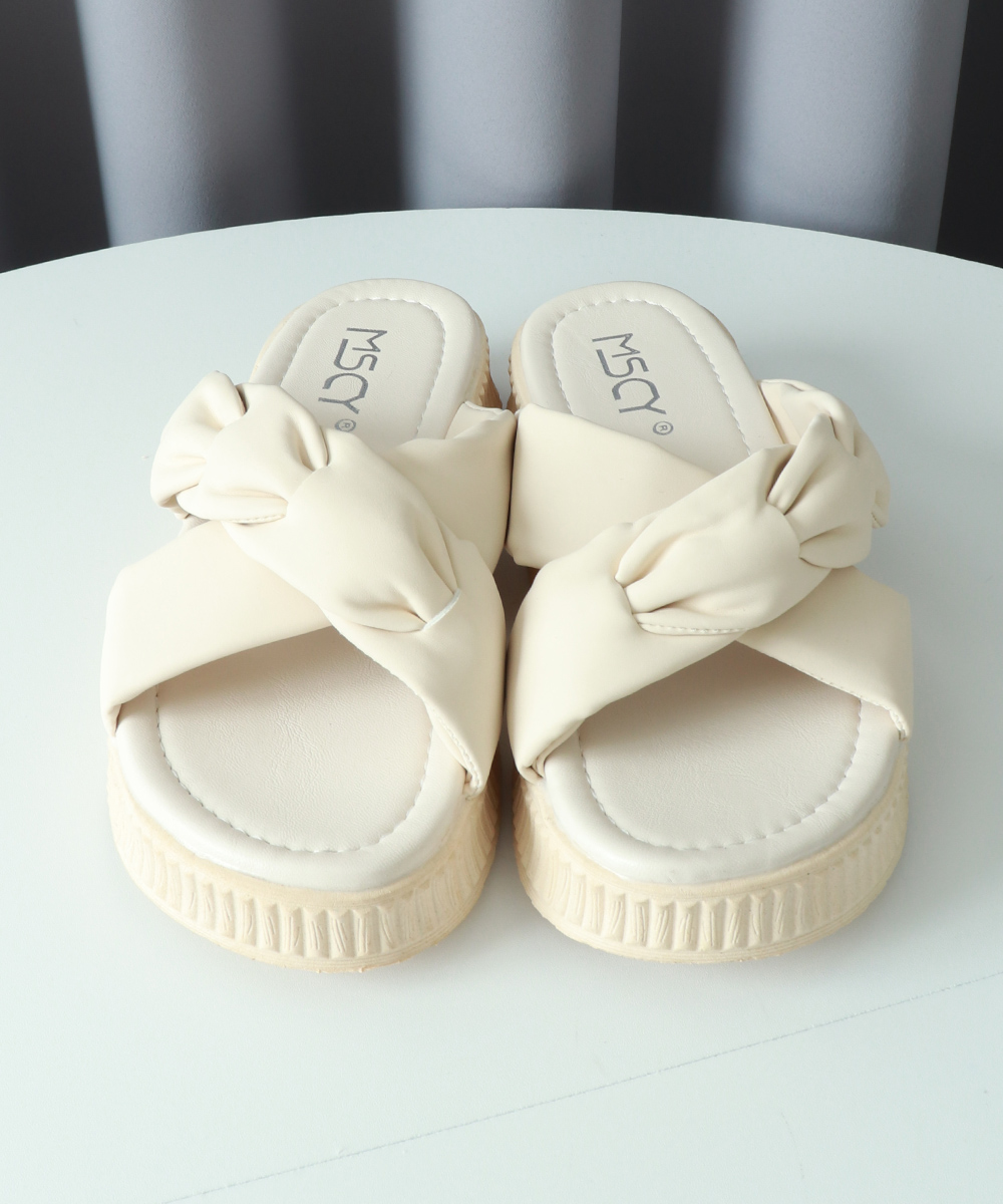 レディース厚底サンダル リボン付きスリッパ