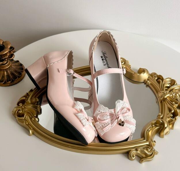 【甘かわロリータ】レース付きストラップ厚底パンプス（6cm）