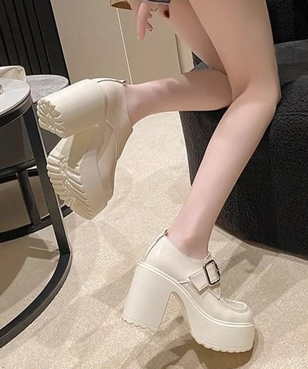 厚底ローファー レディース 太ヒール ベルト付き