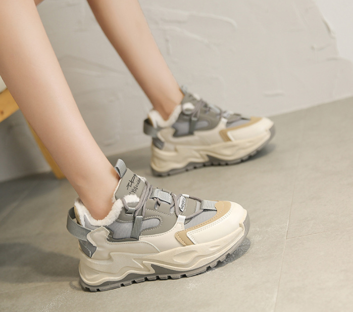 秋冬裏起毛厚底スニーカー　ナチュラル配色ローカット靴