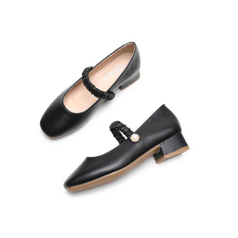 【美脚・脚長】パール装飾厚底パンプス（スクエアトゥ・黒/ベージュ・チャンキーヒール）