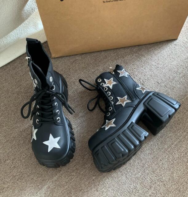 秋冬星柄厚底ブーツ編み上げ黒ショートブーツお出かけ靴