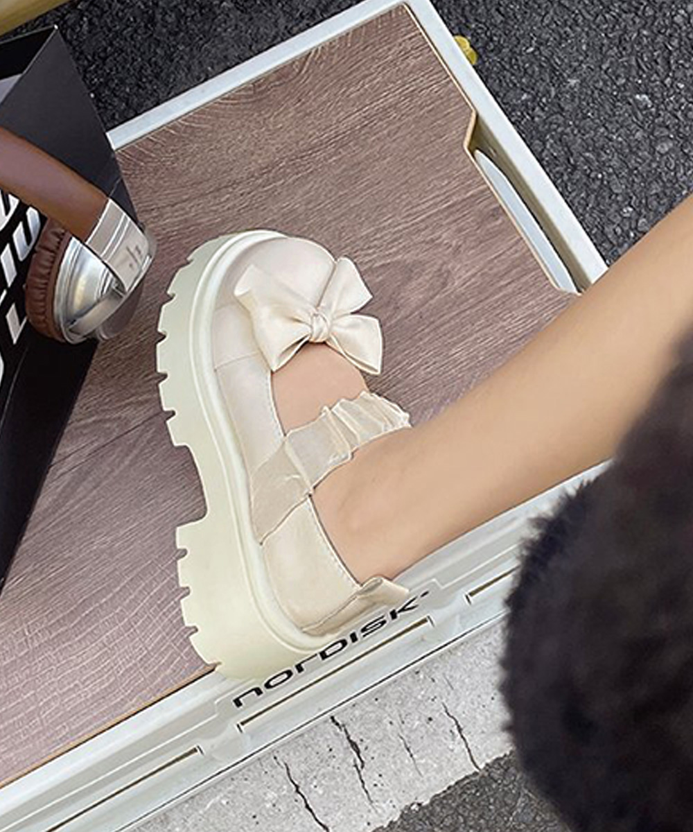 リボン付き厚底ローファー丸形つま先パンプス