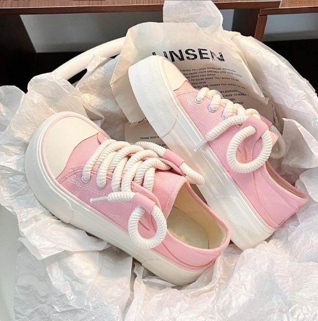 【白桃色バイカラー×軽量スタイルアップ×韓国系】6.0cm厚底スニーカー