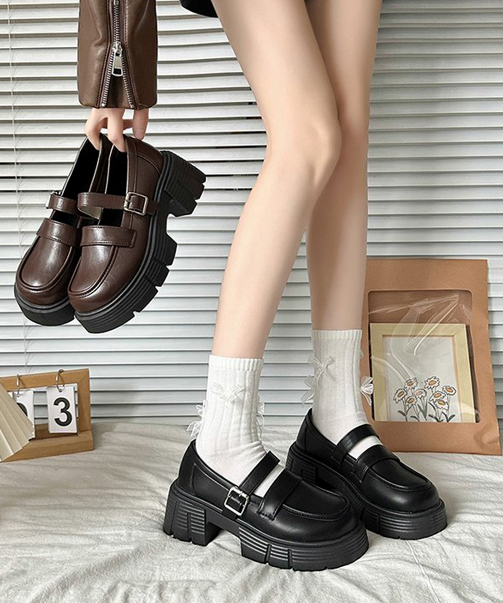 【二重ベルト×バックルデザイン×韓国系】+7.5cm厚底脚長パンプス