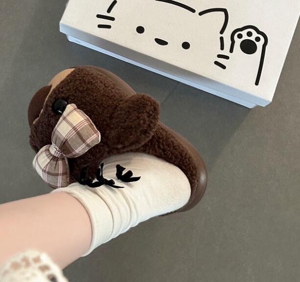 【ぽかぽか癒し】くま柄もこもこ厚底スリッパ（4cm・秋冬ルームシューズ）