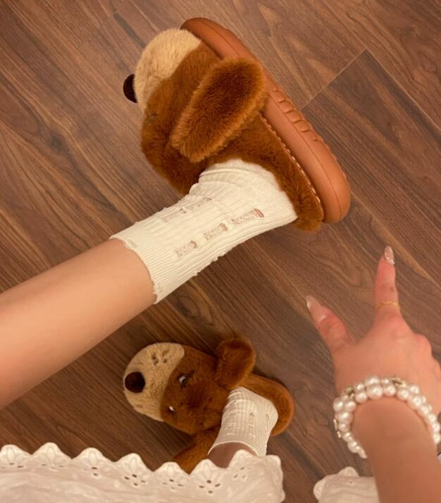 秋冬起毛あったか犬型ルームシューズ厚底室内履き