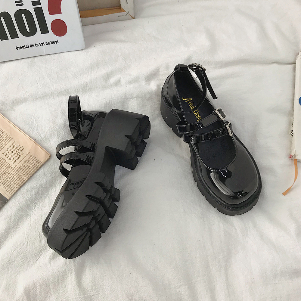 黒厚底ローファー三本帯丸い頭パンプス女性靴