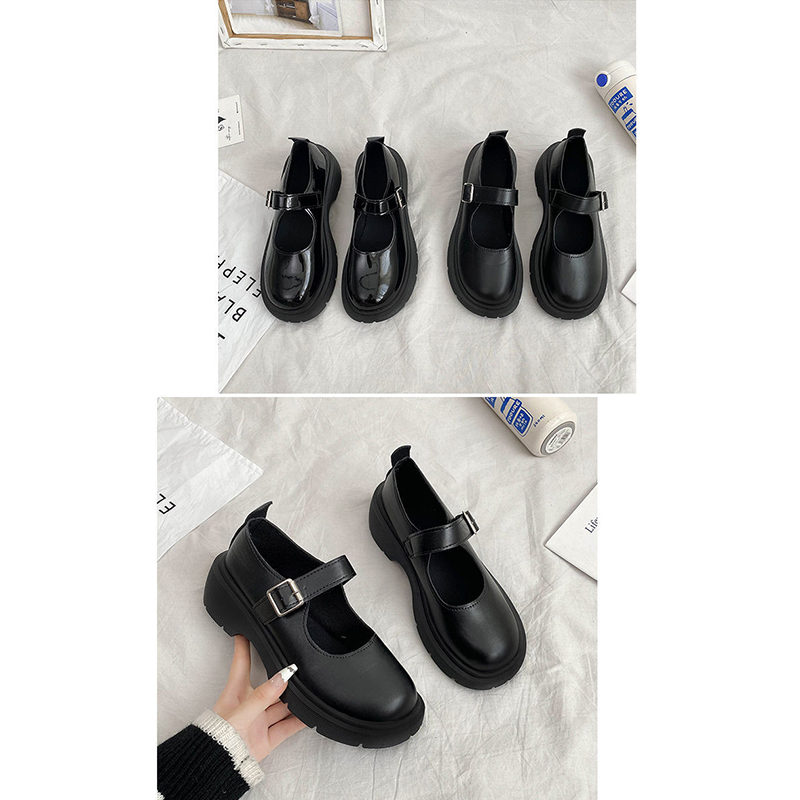 厚底ローファー レディース ストラップ 黒 光沢マット二種類