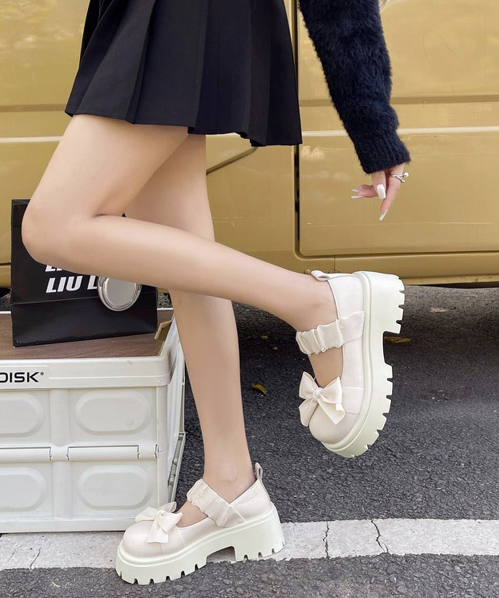 リボン付き厚底ローファー丸形つま先パンプス