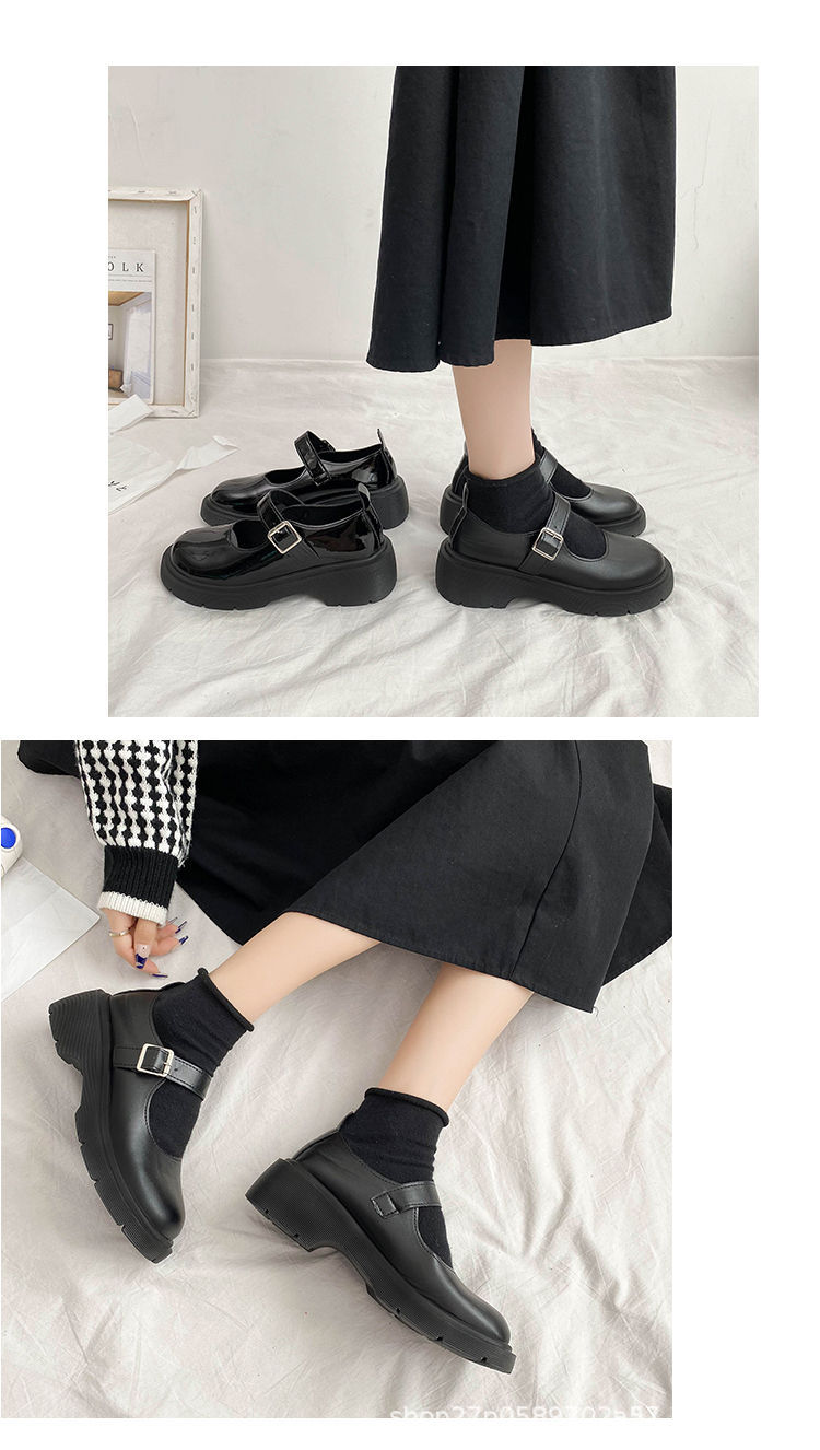 厚底ローファー レディース ストラップ 黒 光沢マット二種類