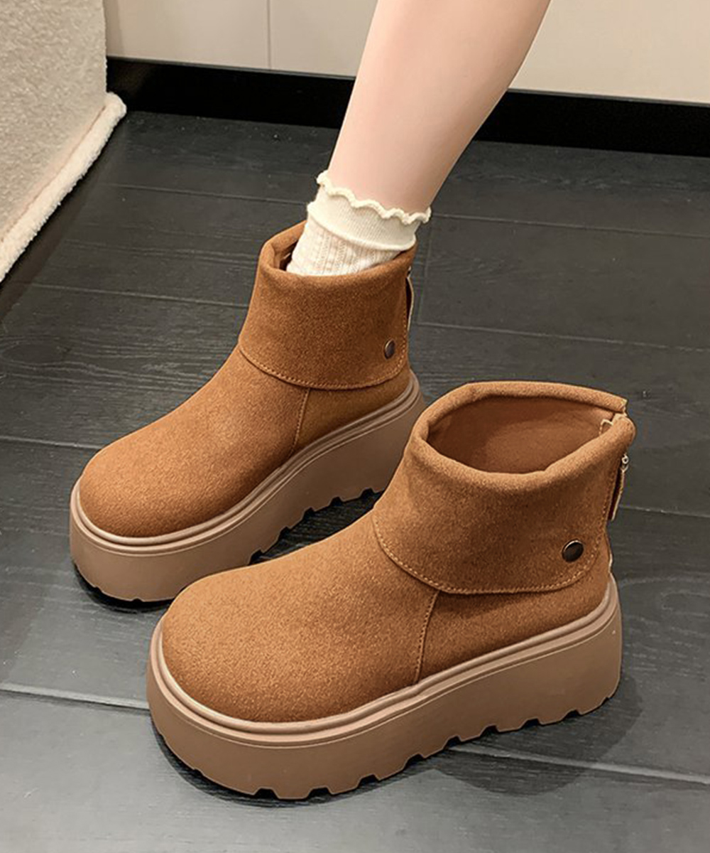 厚底ムートン風ブーツ 折り返し美脚ショートブーツ