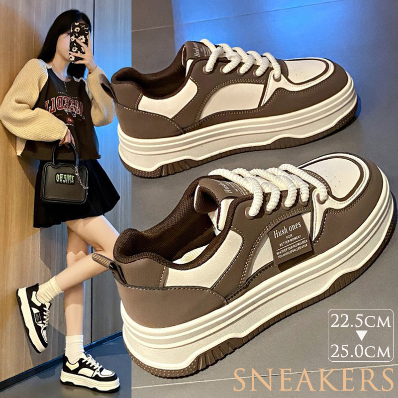 レディース厚底スニーカー 通気性抜群 弾力ソール 紐靴