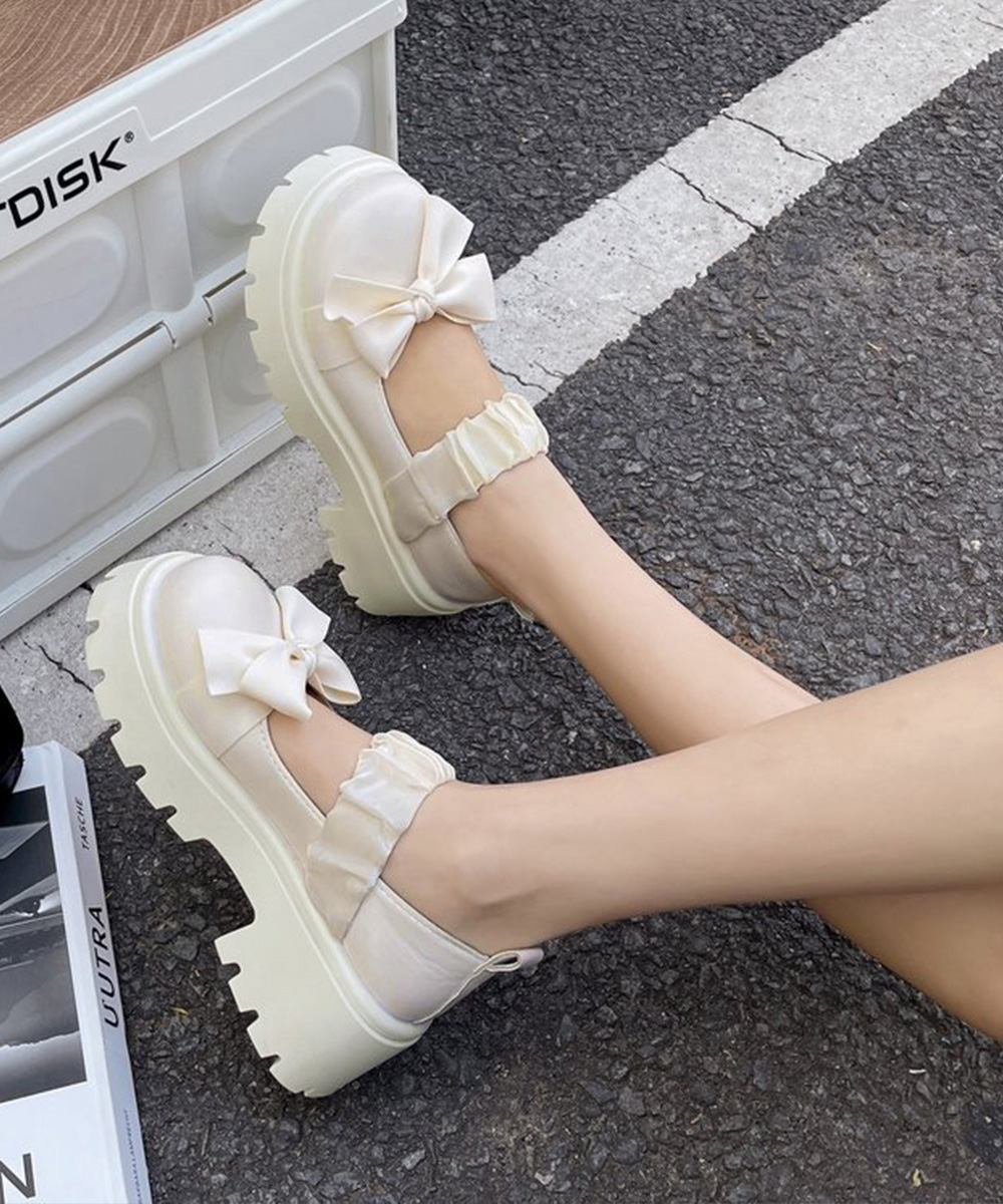 リボン付き厚底ローファー丸形つま先パンプス