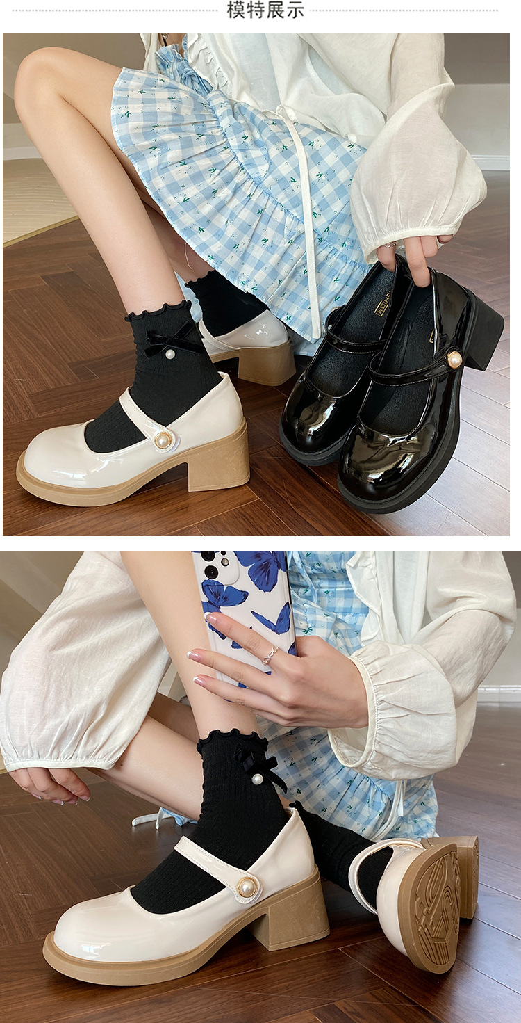 厚底パンプス ストラップ付き 美脚効果 黒白二色展開