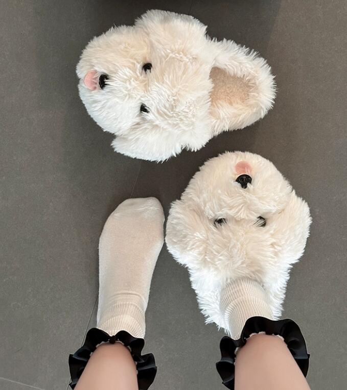 【ほっこり癒し】犬顔もこもこ厚底スリッパ（3cm・秋冬つっかけ）