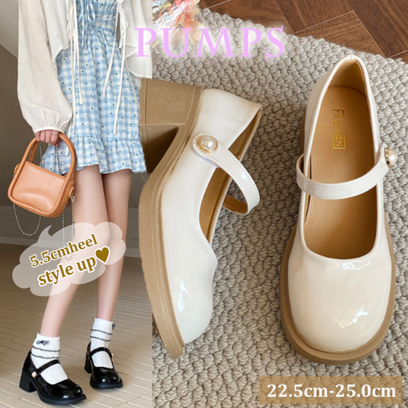 厚底パンプス ストラップ付き 美脚効果 黒白二色展開