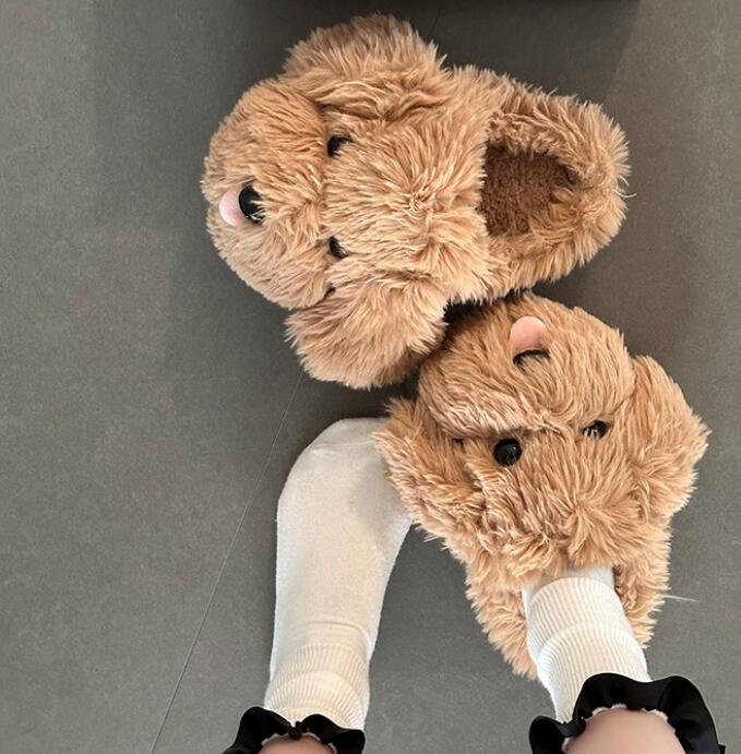 【ほっこり癒し】犬顔もこもこ厚底スリッパ（3cm・秋冬つっかけ）