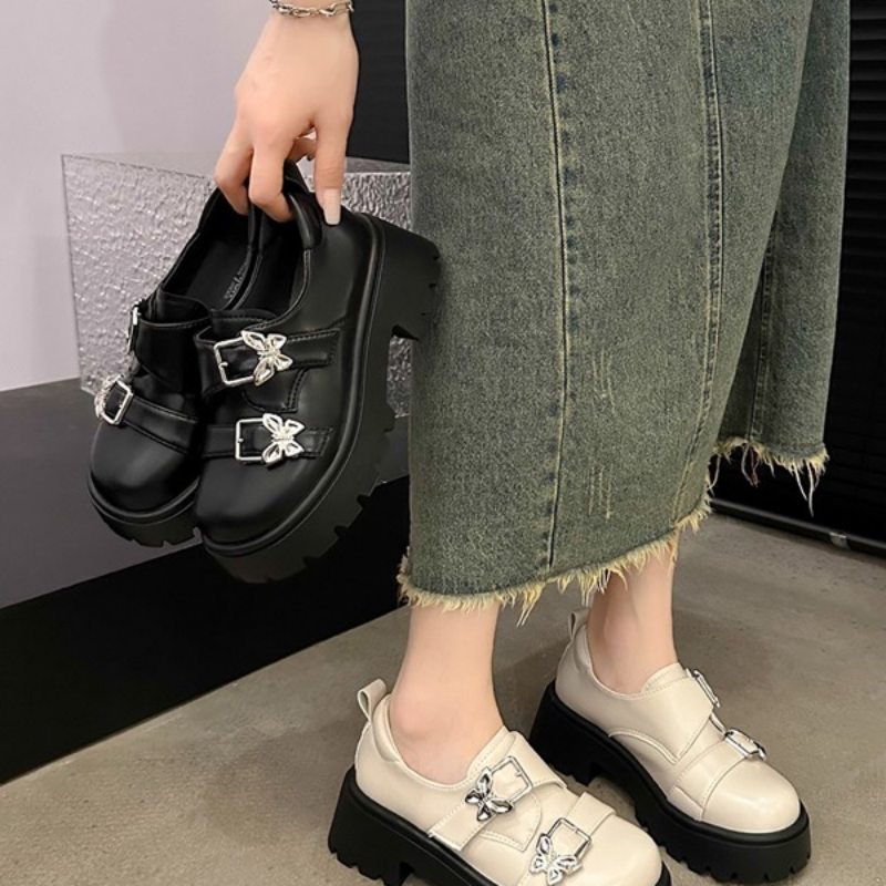 厚底ローファー 合成皮革 蝶々金具 女性用靴