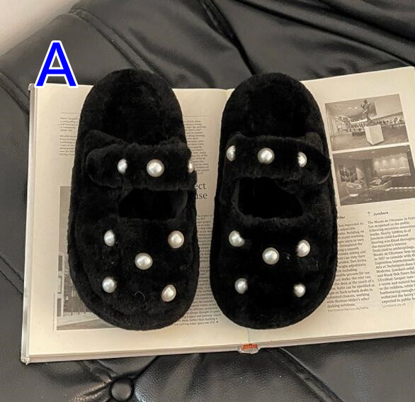 【上品ふわもこ】パール×ファー厚底サンダル（5cm・秋冬つっかけ）