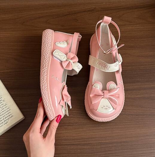 厚底パンプス 姫系りぼん付きストラップ靴 甘可愛い