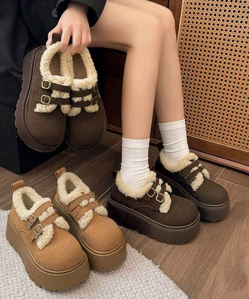 +5cm厚底【あったか×ガーリー×快適】ダブルベルト 裏ボア ムートン調厚底スニーカー