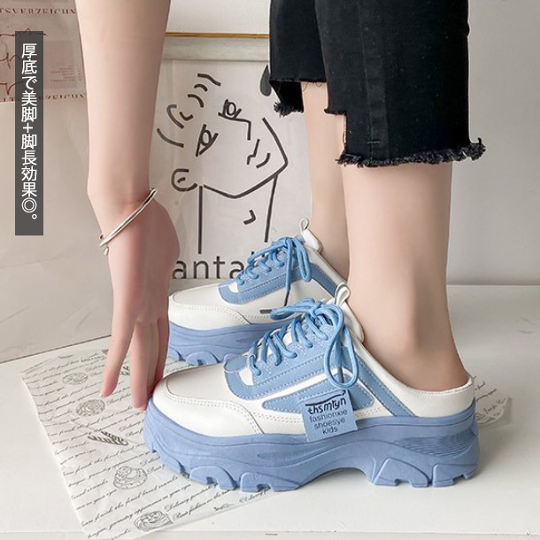 女性用厚底スニーカー紐靴滑り止め付楽ちんローカット