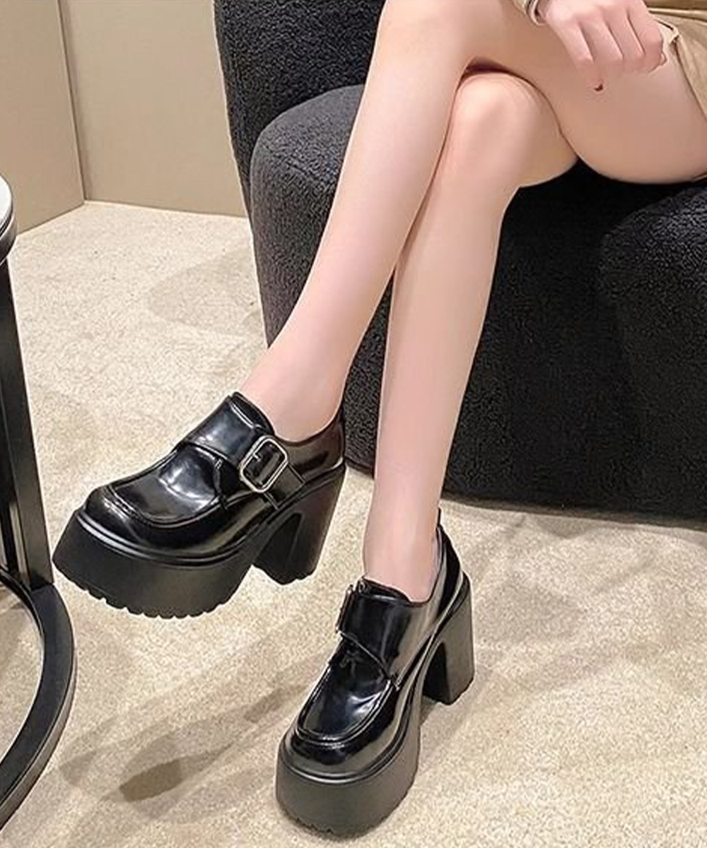 厚底ローファー レディース 太ヒール ベルト付き