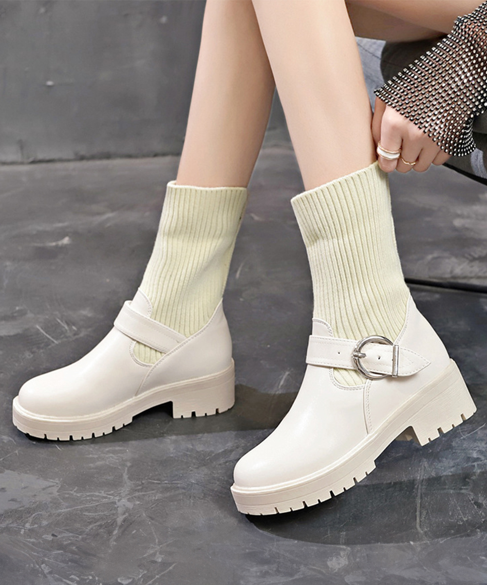 【靴下風ニット切り替え×暖かフィット×韓国系】5.0cm厚底ショートブーツ