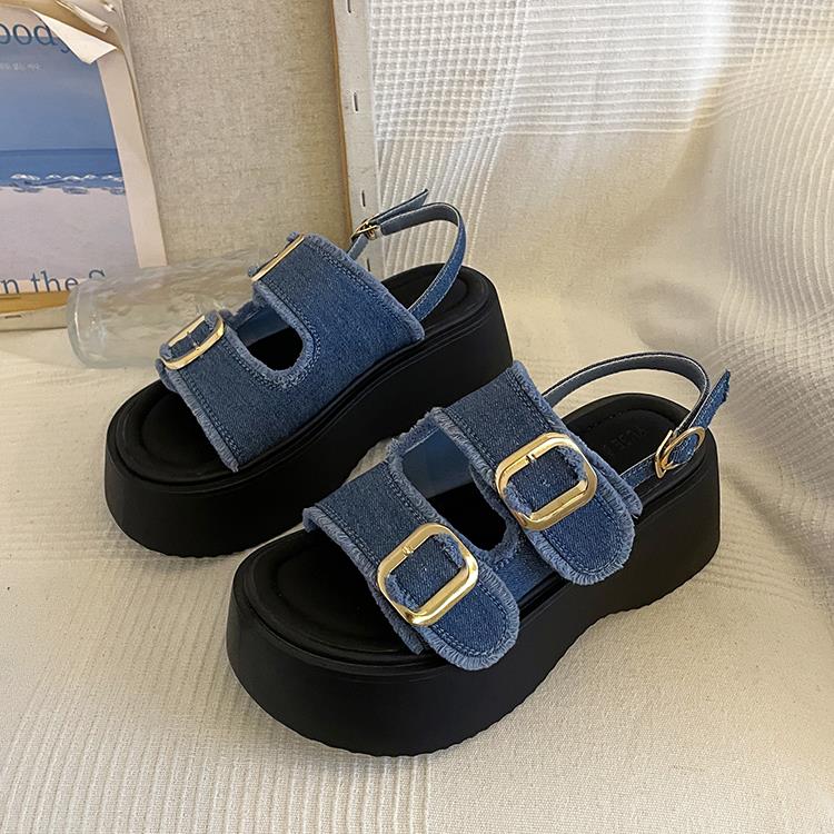 厚底商品 フリンジデニム厚底ダブルベルトサンダル