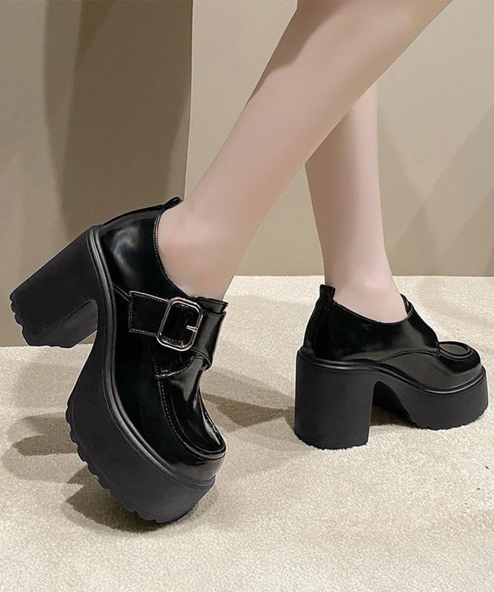 厚底ローファー レディース 太ヒール ベルト付き